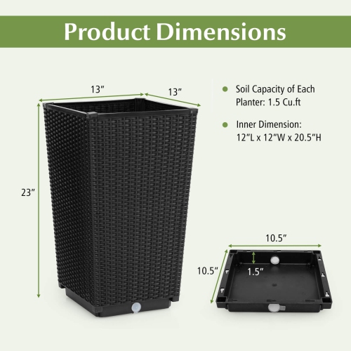 Costway 23" Tall Planters Set of 2 Rattan Wicker Plant Pot Self-watering Tree Pot Black/Brown