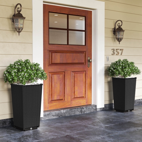 Costway 23" Tall Planters Set of 2 Rattan Wicker Plant Pot Self-watering Tree Pot Black/Brown