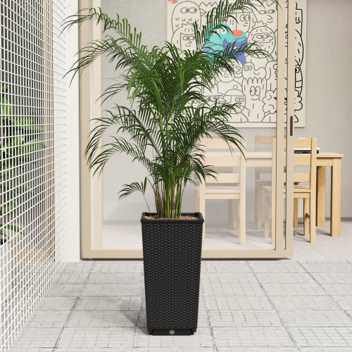 Costway 23" Tall Planters Set of 2 Rattan Wicker Plant Pot Self-watering Tree Pot Black/Brown
