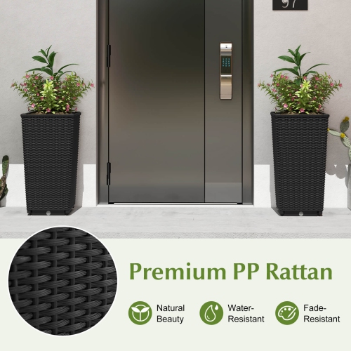 Costway 23" Tall Planters Set of 2 Rattan Wicker Plant Pot Self-watering Tree Pot Black/Brown