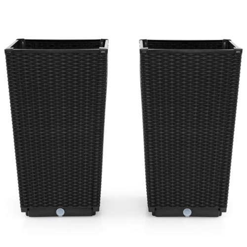 Costway 23" Tall Planters Set of 2 Rattan Wicker Plant Pot Self-watering Tree Pot Black/Brown