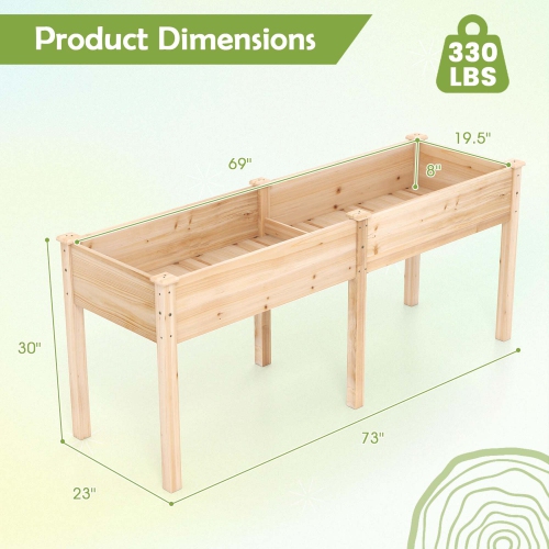Costway Outdoor Raised Garden Bed with Legs 73x23x30in Wood Planter Box with Divider Panel Brown/Beige