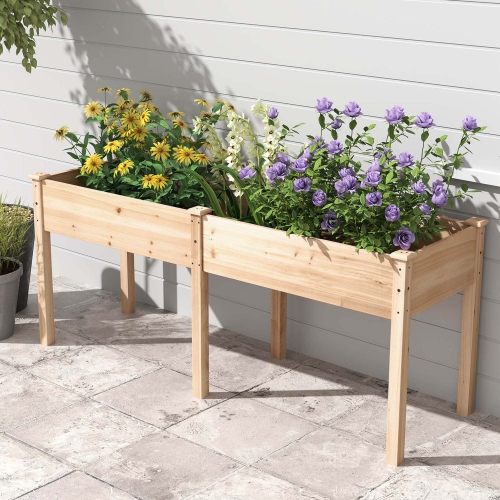 Costway Outdoor Raised Garden Bed with Legs 73x23x30in Wood Planter Box with Divider Panel Brown/Beige