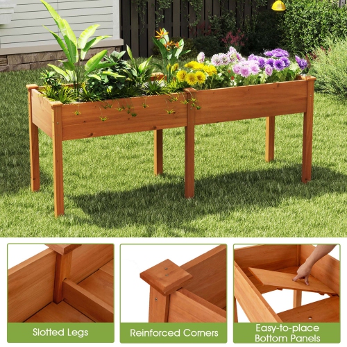 Costway Outdoor Raised Garden Bed with Legs 73x23x30in Wood Planter Box with Divider Panel Brown/Beige