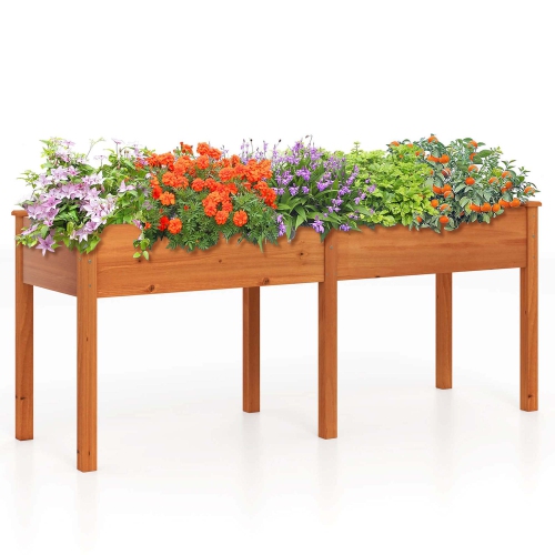 Costway Outdoor Raised Garden Bed with Legs 73x23x30in Wood Planter Box with Divider Panel Brown/Beige