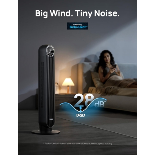 Dreo 28dB Tower Fan for Bedroom, 25ft/s Velocity Portable Cooling Fan, 90° Oscillating Standing Fans for Home, LED Display, 4 Speeds, 4 Modes, Timer,