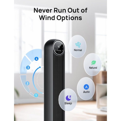 Dreo 28dB Tower Fan for Bedroom, 25ft/s Velocity Portable Cooling Fan, 90° Oscillating Standing Fans for Home, LED Display, 4 Speeds, 4 Modes, Timer,