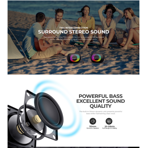 Haut-parleur portatif sans fil Bluetooth v5.3 avec éclairage RVB coloré SK885BT de Havit_Noir