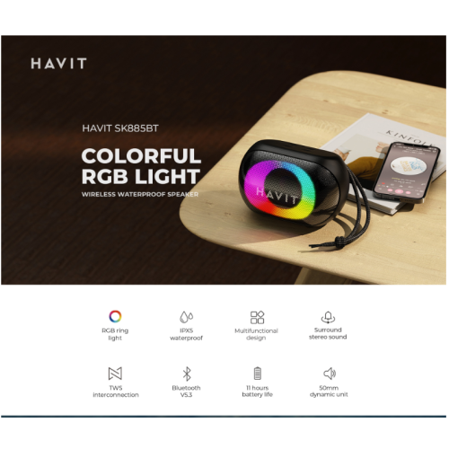 Haut-parleur portatif sans fil Bluetooth v5.3 avec éclairage RVB coloré SK885BT de Havit_Noir