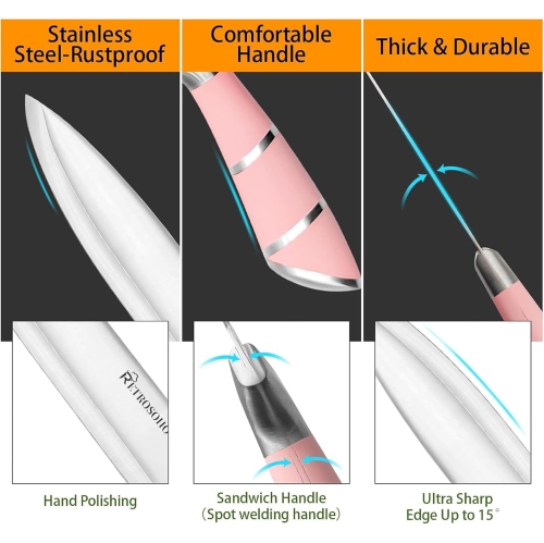 Retrosohoo 9-Piece Kitchen Knife Set, Pink Non-Stick Coated Chef Knives with Sharpener and Rotary Block, Stainless Steel for Cutting, Slicing,