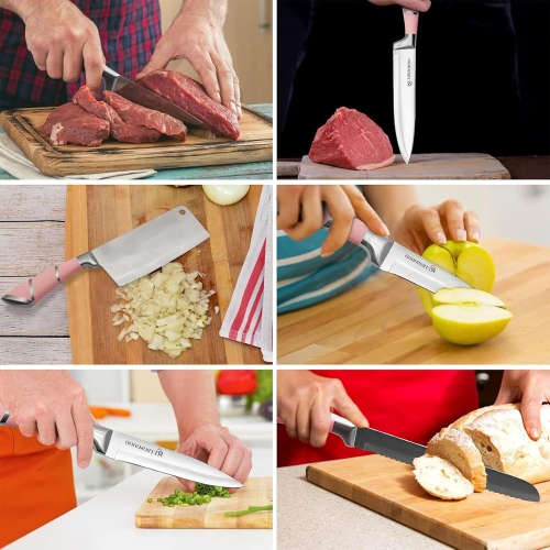 Retrosohoo 9-Piece Kitchen Knife Set, Pink Non-Stick Coated Chef Knives with Sharpener and Rotary Block, Stainless Steel for Cutting, Slicing,