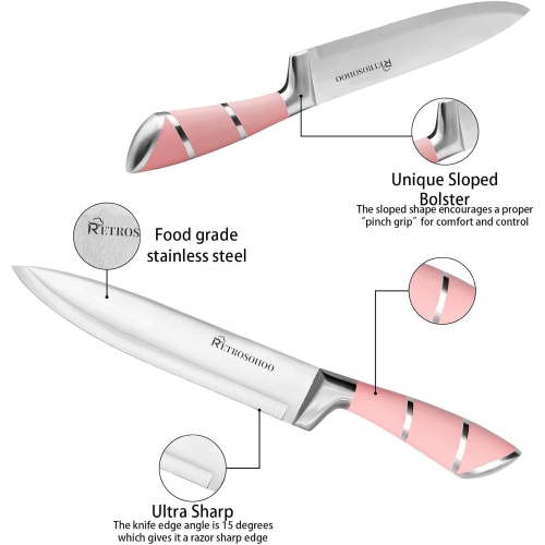 Retrosohoo 9-Piece Kitchen Knife Set, Pink Non-Stick Coated Chef Knives with Sharpener and Rotary Block, Stainless Steel for Cutting, Slicing,