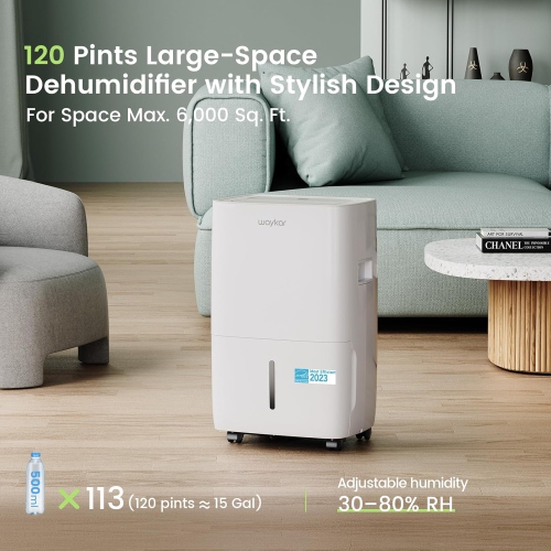 Waykar 120 Pints Energy Star Certified Dehumidifier, 6,000 Sq. Ft Coverage, Continuous Drainage, and 1.14 Gallons Water Tank