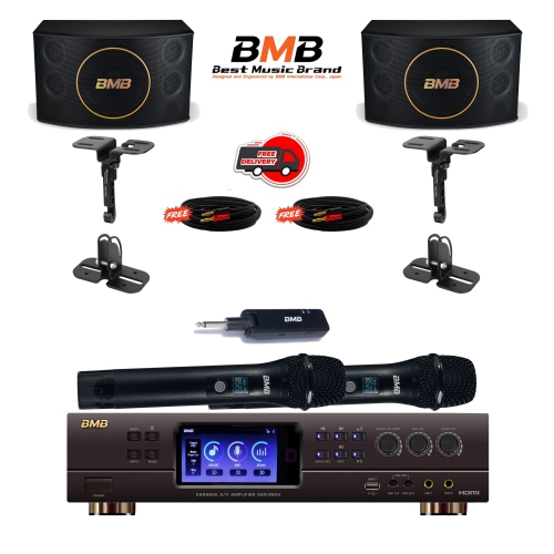 NEW BMB DAR-350H 4K HDMI ARC Optical Bluetooth Karaoke Amplifier, WH-210 UHF Wireless Microphones, CSJ-12 12" Karaoke Speakers, and Ceiling Mounts