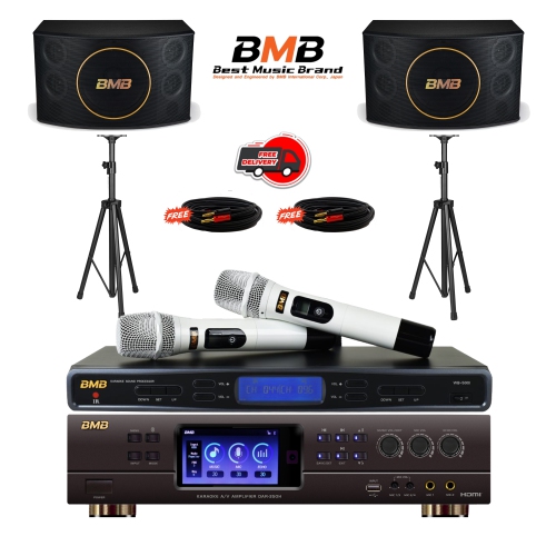 BMB DAR-350H 4K HDMI ARC Optical Bluetooth Karaoke Amplifier, WB-5000 UHF Wireless Microphone, CSJ-12 12" Vocal Karaoke Speakers, and Tripod Stands