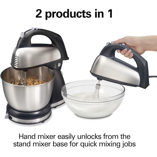 Hamilton Beach Classic Stand and Hand Mixer, 4 Quarts, 6 Speeds with QuickBurst, Bowl Rest, 290 Watts Peak Power, Black and Stainless
