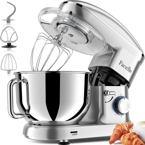 Facelle 660W Household Stand Mixer, 6-Speed Tilt-Head Dough Mixer, 6.5 QT Stainless Steel Bowl, Cake Mixer with Dough Hook/Whisk/Beater for Baking,