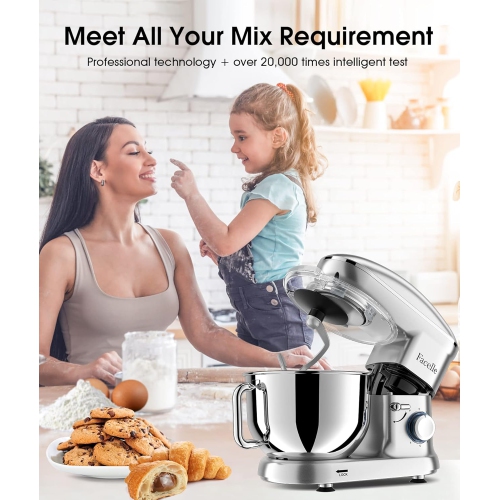 Facelle 660W Household Stand Mixer, 6-Speed Tilt-Head Dough Mixer, 6.5 QT Stainless Steel Bowl, Cake Mixer with Dough Hook/Whisk/Beater for Baking,