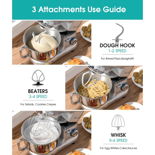 Facelle 660W Household Stand Mixer, 6-Speed Tilt-Head Dough Mixer, 6.5 QT Stainless Steel Bowl, Cake Mixer with Dough Hook/Whisk/Beater for Baking,