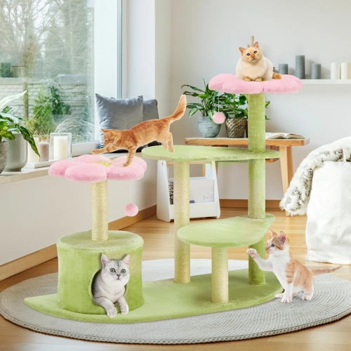 U-HOMY 37" Modern Cat Tree Tower for Indoor Cats, Multi-Level Kitty Condo with Sisal Scratching Posts, Interactive Swing Ball, Plush Perch - Green