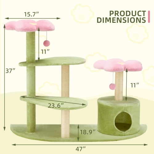 U-HOMY 37" Modern Cat Tree Tower for Indoor Cats, Multi-Level Kitty Condo with Sisal Scratching Posts, Interactive Swing Ball, Plush Perch - Green