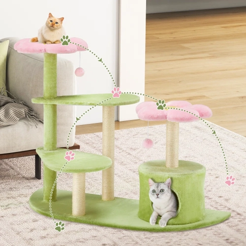 U-HOMY 37" Modern Cat Tree Tower for Indoor Cats, Multi-Level Kitty Condo with Sisal Scratching Posts, Interactive Swing Ball, Plush Perch - Green