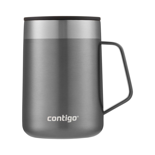 Image 1 de 8.. Contigo – Tasse de voyage en acier inoxydable Streeterville avec poignée, couvercle coulissant, isotherme, 14&nbsp;oz/414&nbsp;ml, gris sucrée