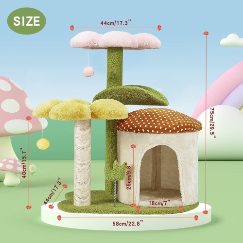 U-HOMY 30-Inch Cat Tree for Indoor Cats, Multi-Level Tower with Sisal Scratching Posts, Swing Ball & Plush Perches - Green