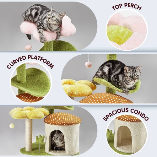 U-HOMY 30-Inch Cat Tree for Indoor Cats, Multi-Level Tower with Sisal Scratching Posts, Swing Ball & Plush Perches - Green