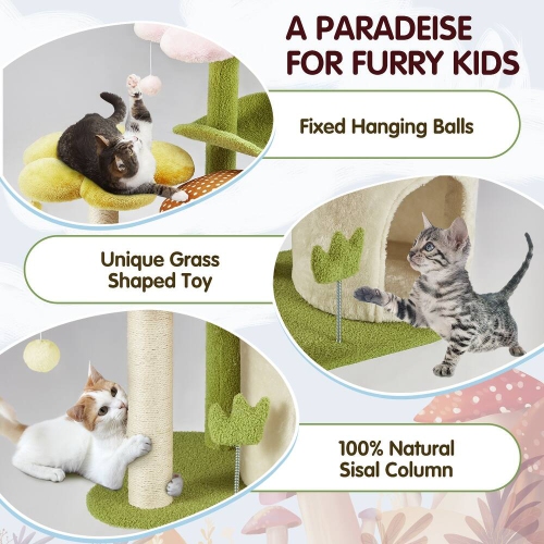 U-HOMY 30-Inch Cat Tree for Indoor Cats, Multi-Level Tower with Sisal Scratching Posts, Swing Ball & Plush Perches - Green