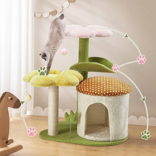 U-HOMY 30-Inch Cat Tree for Indoor Cats, Multi-Level Tower with Sisal Scratching Posts, Swing Ball & Plush Perches - Green