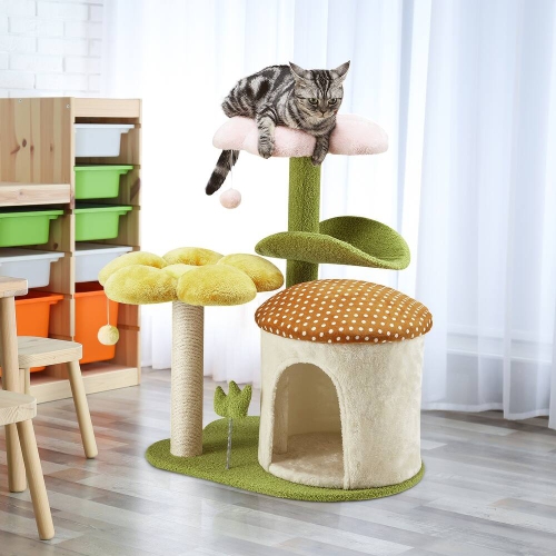 U-HOMY 30-Inch Cat Tree for Indoor Cats, Multi-Level Tower with Sisal Scratching Posts, Swing Ball & Plush Perches - Green