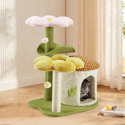 U-HOMY 30-Inch Cat Tree for Indoor Cats, Multi-Level Tower with Sisal Scratching Posts, Swing Ball & Plush Perches - Green