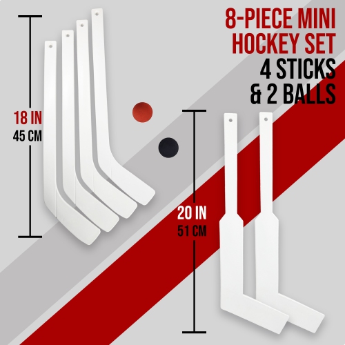 PRISP 8-Piece Mini Hockey Set - 6 Mini Sticks & 2 Balls Knee Hockey Kit for Forwards & Goalies; Team Sports Gift for Indoors, Basement, Garage