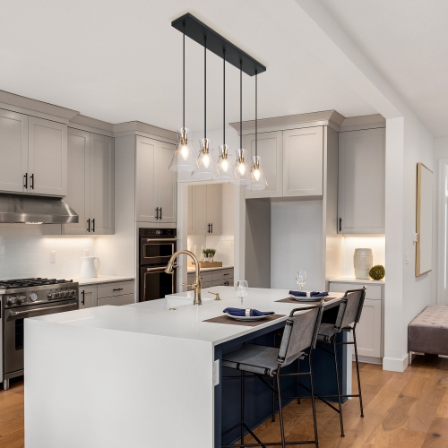 Uolfin 5 -Light Matte Black Linear with Seeded Bell Glass Shade Modern/contemporary For Use in Bedrooms, Dining Rooms, Foyers, Kitchens, Living Rooms