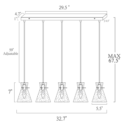 Uolfin 5 -Light Matte Black Linear with Seeded Bell Glass Shade Modern/contemporary For Use in Bedrooms, Dining Rooms, Foyers, Kitchens, Living Rooms