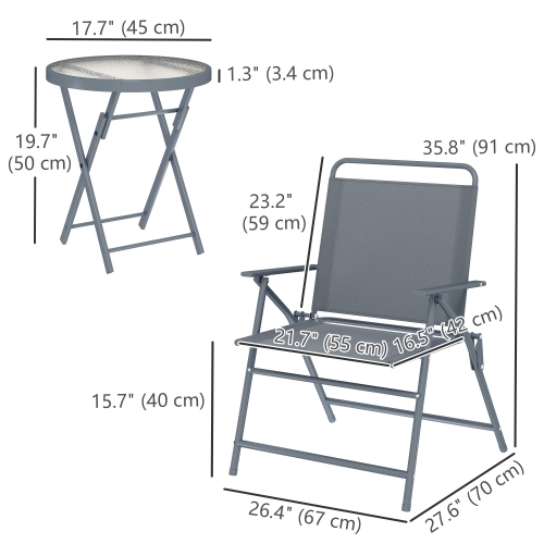 Outsunny 3 Pieces Patio Bistro Set, Outdoor Folding Chairs & Table Set with Tempered Glass Tabletop, Outdoor Patio Furniture Set for Garden,