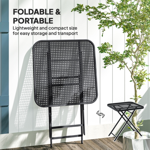 Outsunny Portable Folding Outdoor Table with Grid Rattan-Like Top, 27.5" Square Outdoor Patio Bistro Side End Table with Steel Frame for Travel,