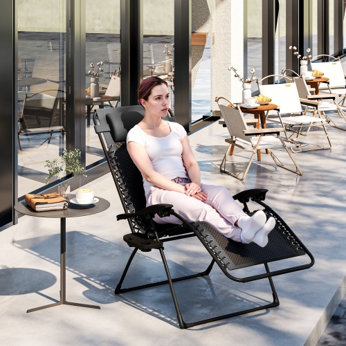 Chaise longue inclinable extérieure en osier Outsunny Zero Gravity Chair avec appuie-tête, plateau d'appoint pour patio, jardin, balcon, terrasse,