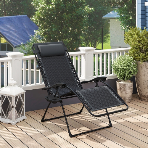 Chaise longue inclinable extérieure en osier Outsunny Zero Gravity Chair avec appuie-tête, plateau d'appoint pour patio, jardin, balcon, terrasse,