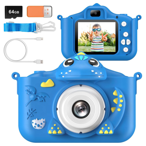 Kids Camera for Girls Boys Toddlers Childrens Age 3-8 Digital Selfie with 64GB Card for Son Daughter Grandson Granddaughter Christmas Birthday Gifts