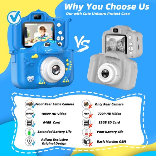 Kids Camera for Girls Boys Toddlers Childrens Age 3-8 Digital Selfie with 64GB Card for Son Daughter Grandson Granddaughter Christmas Birthday Gifts