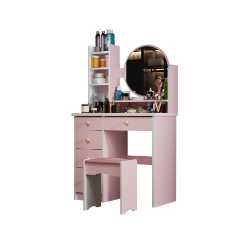 Image 1 of 10.. Famapy Vanity Desk Set Makeup Table with Large Lighted Mirror, Dressing Table with 5 Drawers, Storage Shelves & Cushioned Stool for Bedroom Pink