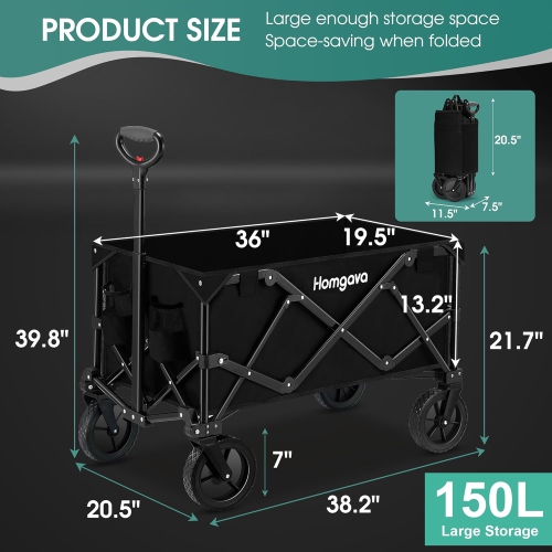 Collapsible Folding Wagon Cart 150L,Heavy Duty Garden Cart with All Terrain Wheels,Portable Large Capacity Utility Wagon Cart for Camping Fishing