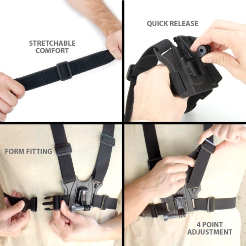 Harnais de poitrine pour caméra d'action GEAR D'USA – Harnais de poitrine avec sangles réglables, réglage en 4 points, articulation complète, vis pou