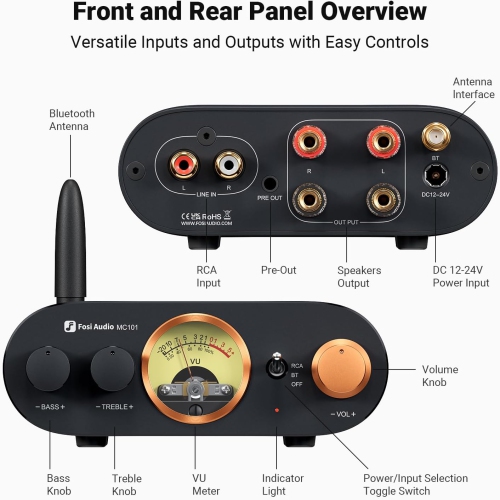 Fosi Audio – Amplificateur stéréo Bluetooth MC101 avec VU Meter, récepteur haute-fidélité 2 canaux