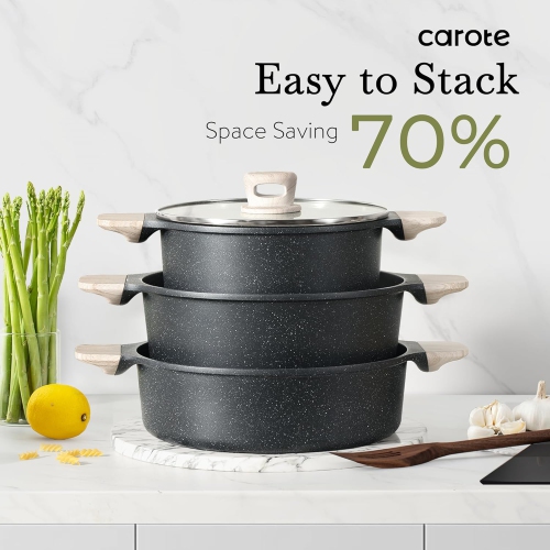 Batterie de cuisine à induction avec marmite et casseroles antiadhésives de CAROTE, batterie de cuisine à induction, marmite et casseroles, noir