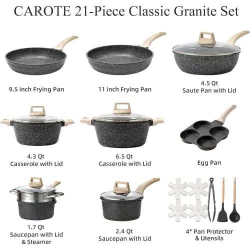 CAROTE 21Pcs Pots and Pans Set, Nonstick Cookware Sets, White Granite Induction Cookware Non Stick Cooking Set w/Frying Pans & Saucepans(PFOS, PFOA
