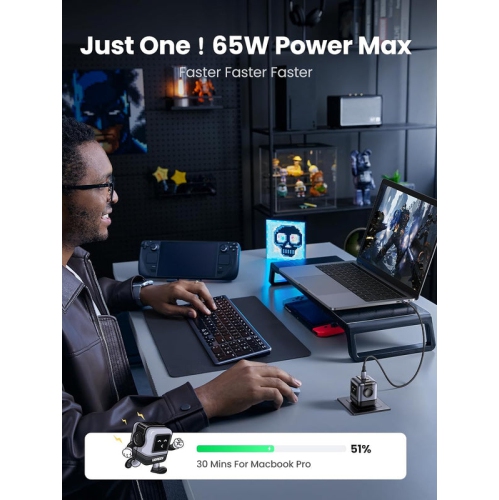 UGREEN USBA, 2x USB-C 65W Robot GaN Tech Fast Charger, Grey