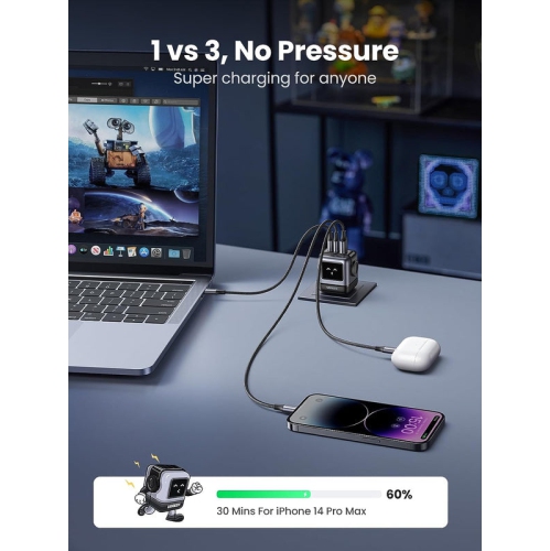 UGREEN USBA, 2x USB-C 65W Robot GaN Tech Fast Charger, Grey